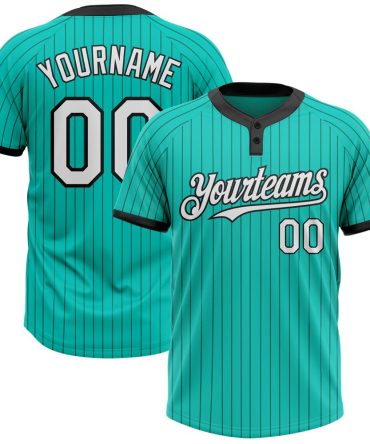 Custom Aqua Black Pinstripe White Two-Button Unisex Softball Jersey