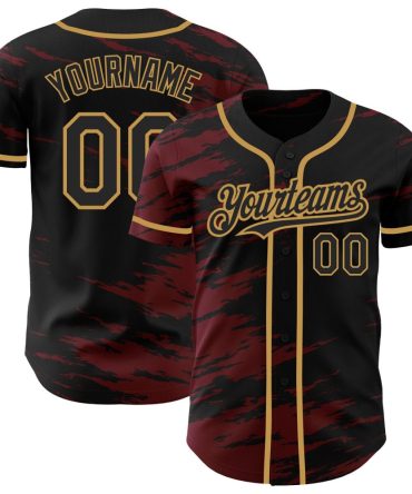 Custom Black Crimson Splash Ink Old Gold Authentic Baseball Jersey