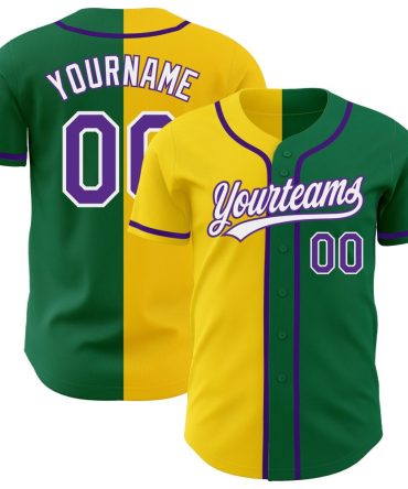 Custom Kelly Green Purple-Yellow Authentic Split Fashion Baseball Jersey