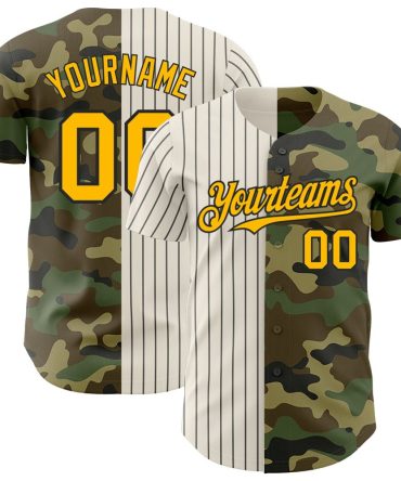 Custom Camo Gold Cream-Black Pinstripe Authentic Split Fashion Salute To Service Baseball Jersey