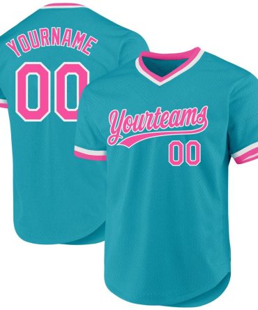 Custom Teal Pink-White Authentic Throwback Baseball Jersey