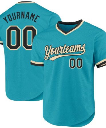 Custom Teal Black-Cream Authentic Throwback Baseball Jersey