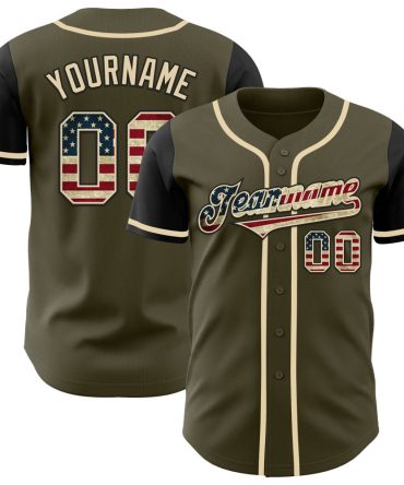 Custom Olive Vintage Usa Flag-Black Authentic Two Tone Salute To Service Baseball Jersey