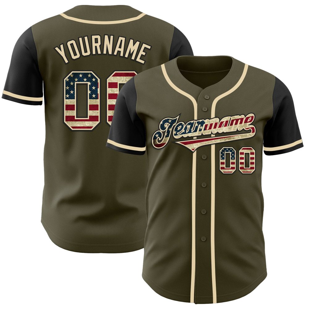 Custom Olive Vintage Usa Flag-Black Authentic Two Tone Salute To Service Baseball Jersey