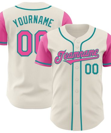 Custom Cream Pink-Teal Authentic Two Tone Baseball Jersey