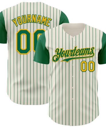 Custom Cream Kelly Green Pinstripe Gold Authentic Two Tone Baseball Jersey