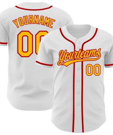 Custom White Gold-Red Authentic Baseball Jersey
