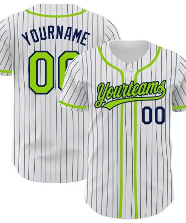 Custom White Navy Pinstripe Neon Green Authentic Baseball Jersey