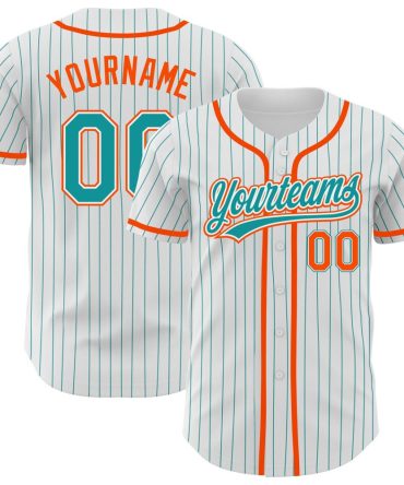 Custom White Teal Pinstripe Teal-Orange Authentic Baseball Jersey