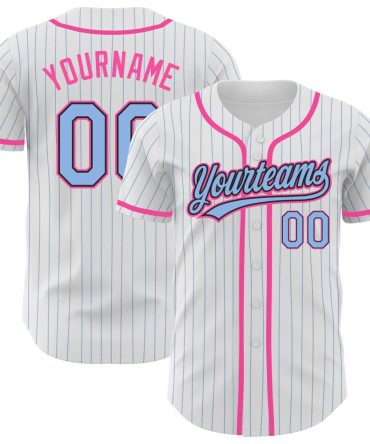 Custom White Light Blue Pinstripe Light Blue Black-Pink Authentic Baseball Jersey