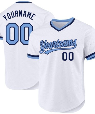 Custom White Light Blue-Navy Authentic Throwback Baseball Jersey