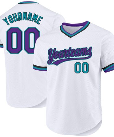 Custom White Purple Black-Teal Authentic Throwback Baseball Jersey