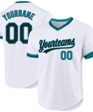 Custom White Black-Teal Authentic Throwback Baseball Jersey