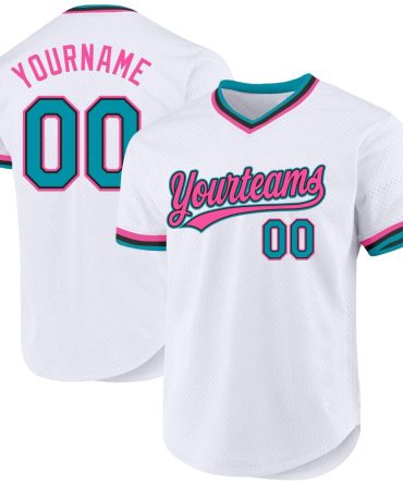 Custom White Teal Black-Pink Authentic Throwback Baseball Jersey