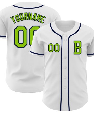 Custom White Neon Green-Navy Authentic Baseball Jersey