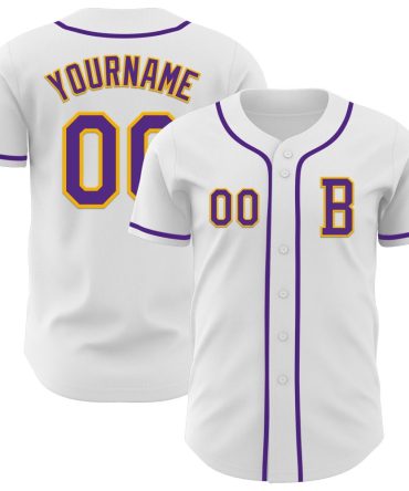 Custom White Purple-Gold Authentic Baseball Jersey