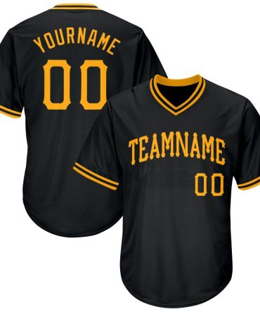 Custom Black Gold Authentic Throwback Rib-Knit Baseball Jersey Shirt