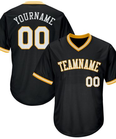 Custom Black White-Gold Authentic Throwback Rib-Knit Baseball Jersey Shirt