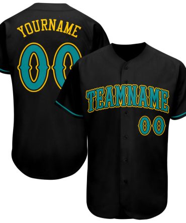 Custom Black Teal-Gold Authentic Baseball Jersey