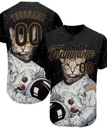 Custom Black Black-Old Gold 3D Pattern Design Astronaut Authentic Baseball Jersey
