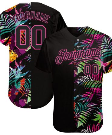 Custom Black Black-Pink 3D Pattern Design Tropical Palm Leaves Authentic Baseball Jersey