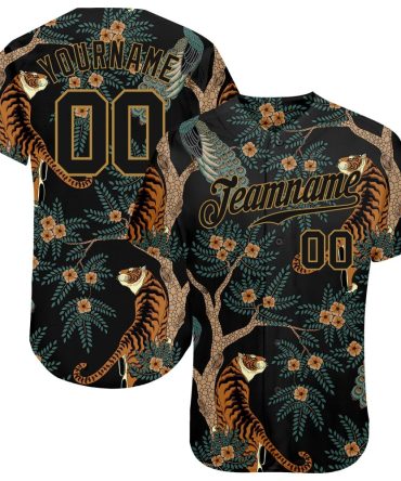 Custom Black Black-Old Gold 3D Pattern Design Tiger And Peacock Authentic Baseball Jersey