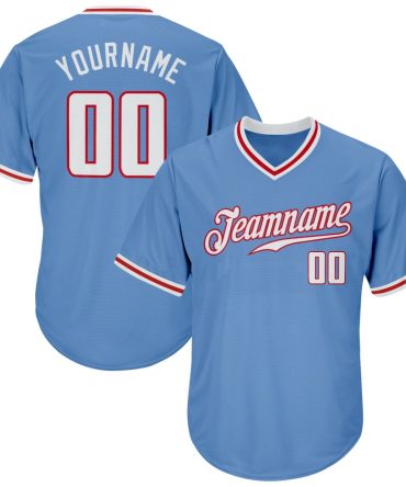 Custom Light Blue White-Red Authentic Throwback Rib-Knit Baseball Jersey Shirt