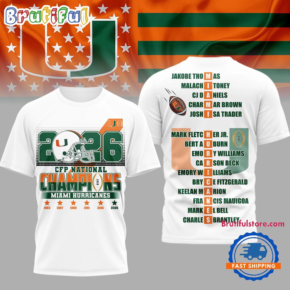 Miami Hurricanes Ncaa 2026 Cfp Champions White 3D Shirt