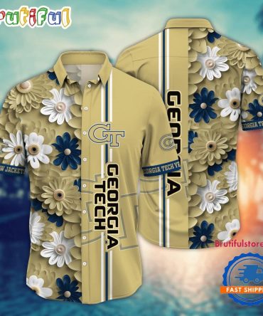 Ncaa Georgia Tech Yellow Jackets Flower Summer Aloha Button Hawaiian Shirt