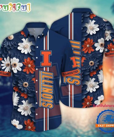 Ncaa Illinois Fighting Illini Flower Summer Aloha Button Hawaiian Shirt