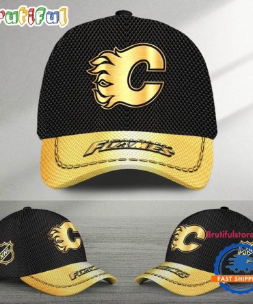 Nhl Calgary Flames Black And Gold Design Cap Hats
