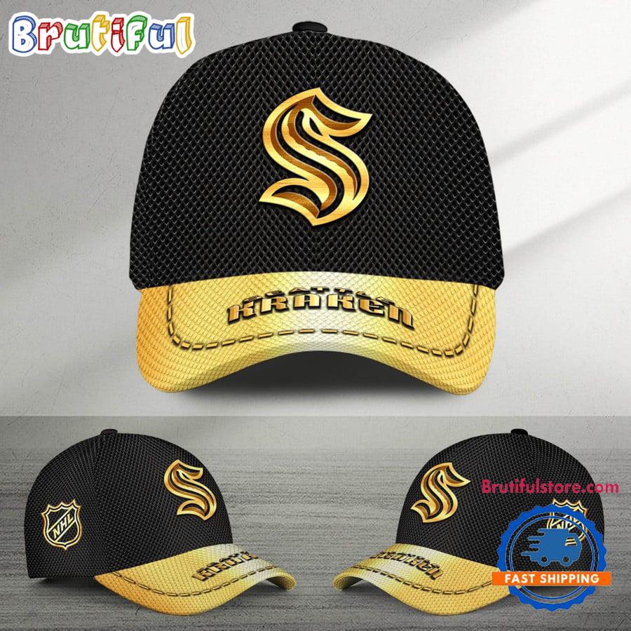 Nhl Seattle Kraken Black And Gold Design Cap Hats