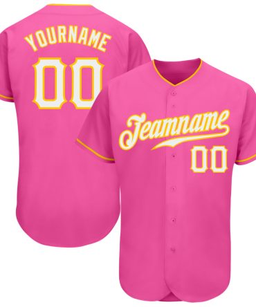Custom Pink White-Gold Authentic Baseball Jersey