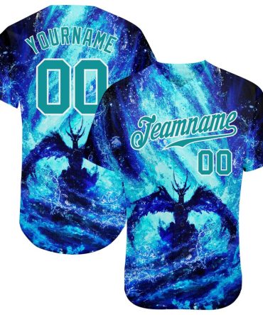 Custom Royal Teal-White 3D Pattern Design Water Dragon Authentic Baseball Jersey