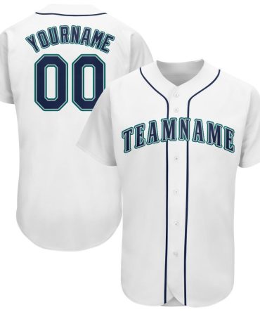 Custom White Navy-Teal Baseball Jersey