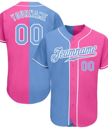 Custom Pink Light Blue-White Authentic Split Fashion Baseball Jersey