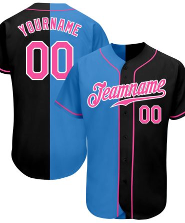 Custom Black Pink-Powder Blue Authentic Split Fashion Baseball Jersey