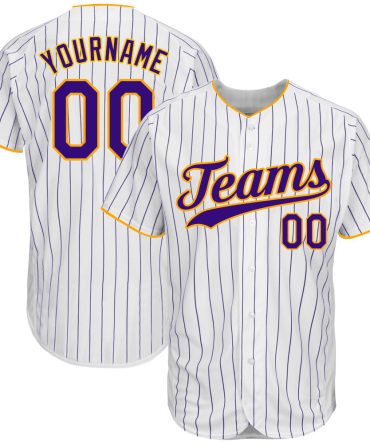 Custom White Purple Pinstripe Purple-Gold Authentic Baseball Jersey