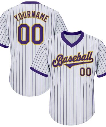Custom White Purple Pinstripe Purple-Gold Authentic Throwback Rib-Knit Baseball Jersey Shirt