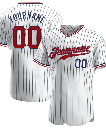 Custom White Navy Pinstripe Red-Navy Authentic Baseball Jersey