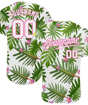 Custom White White-Pink 3D Pattern Design Tropical Palm Leaves Authentic Baseball Jersey