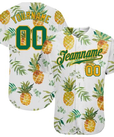 Custom White Kelly Green-Gold 3D Pattern Design Hawaii Pineapples Authentic Baseball Jersey