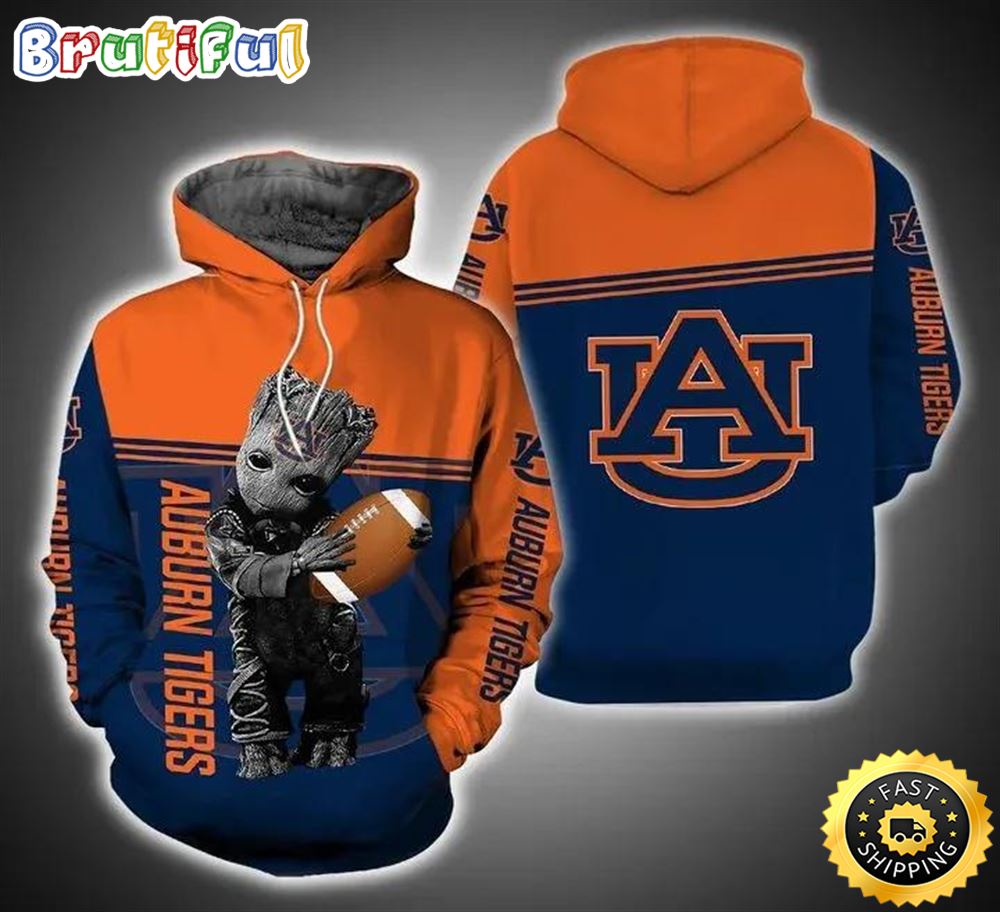 Baby Groot Hug Ball Auburn Tigers 3D Hoodie Auburn Tigers Gifts For Him