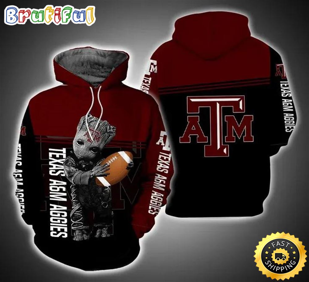 Baby Groot Hug Ball Texas A&M Aggies 3D Hoodie Texas A&M Aggies Fan Gifts