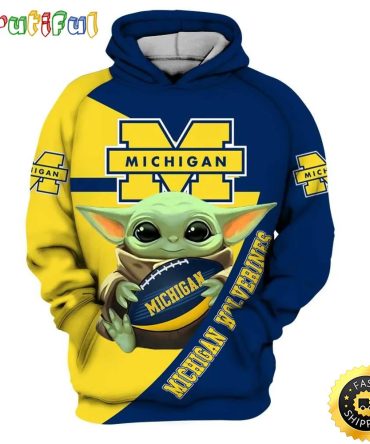 Baby Yoda Hug Ball Michigan Wolverines Football 3D Hoodie Michigan Wolverines Christmas Gifts