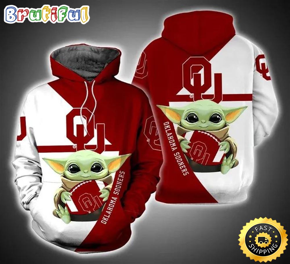 Baby Yoda Hug Ball Oklahoma Sooners 3D Hoodie Cool Oklahoma Sooners Gifts