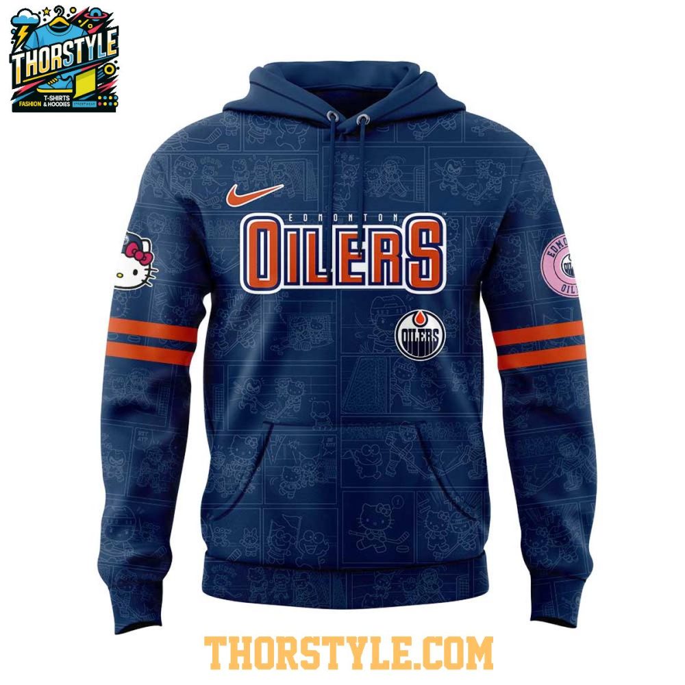 Edmonton Oilers Hello Kitty 2025 Celebrating 50Th Anniversary Hoodie T-Shirt - Image 2