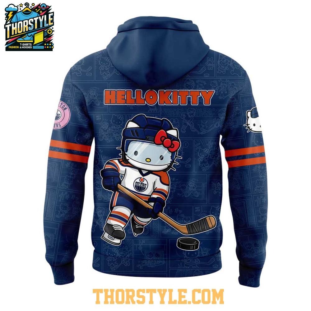 Edmonton Oilers Hello Kitty 2025 Celebrating 50Th Anniversary Hoodie T-Shirt - Image 3