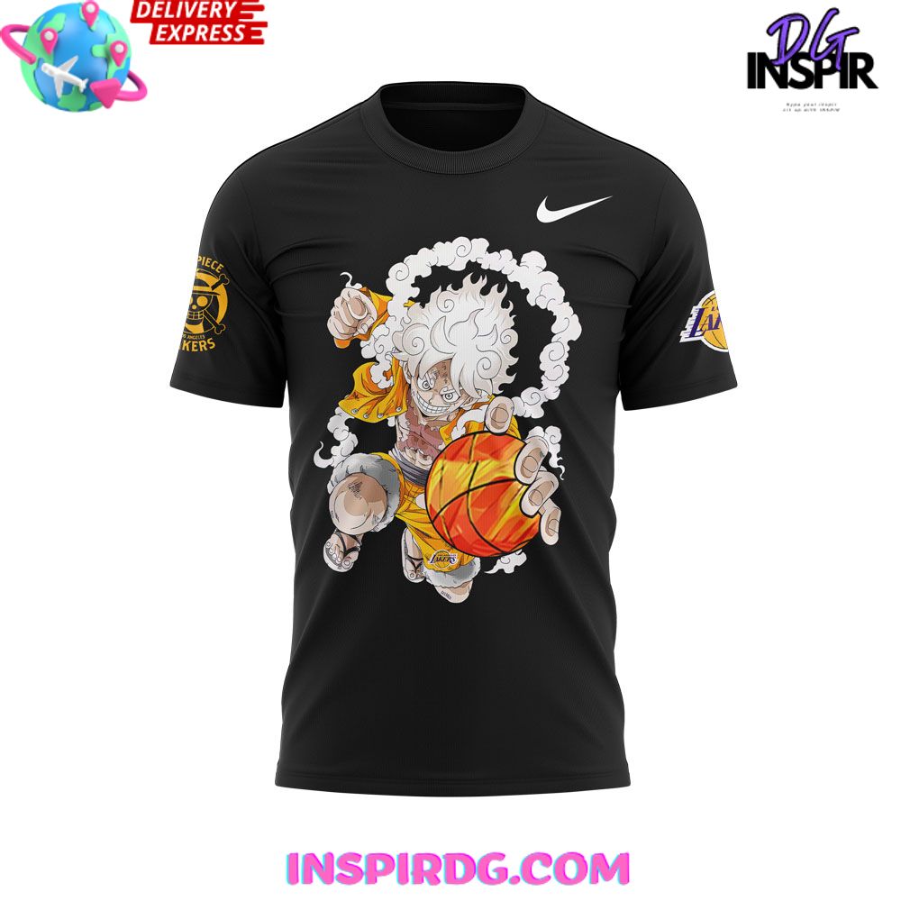 Los Angeles Lakers X One Piece Gear 5 Black T-Shirt - Image 2
