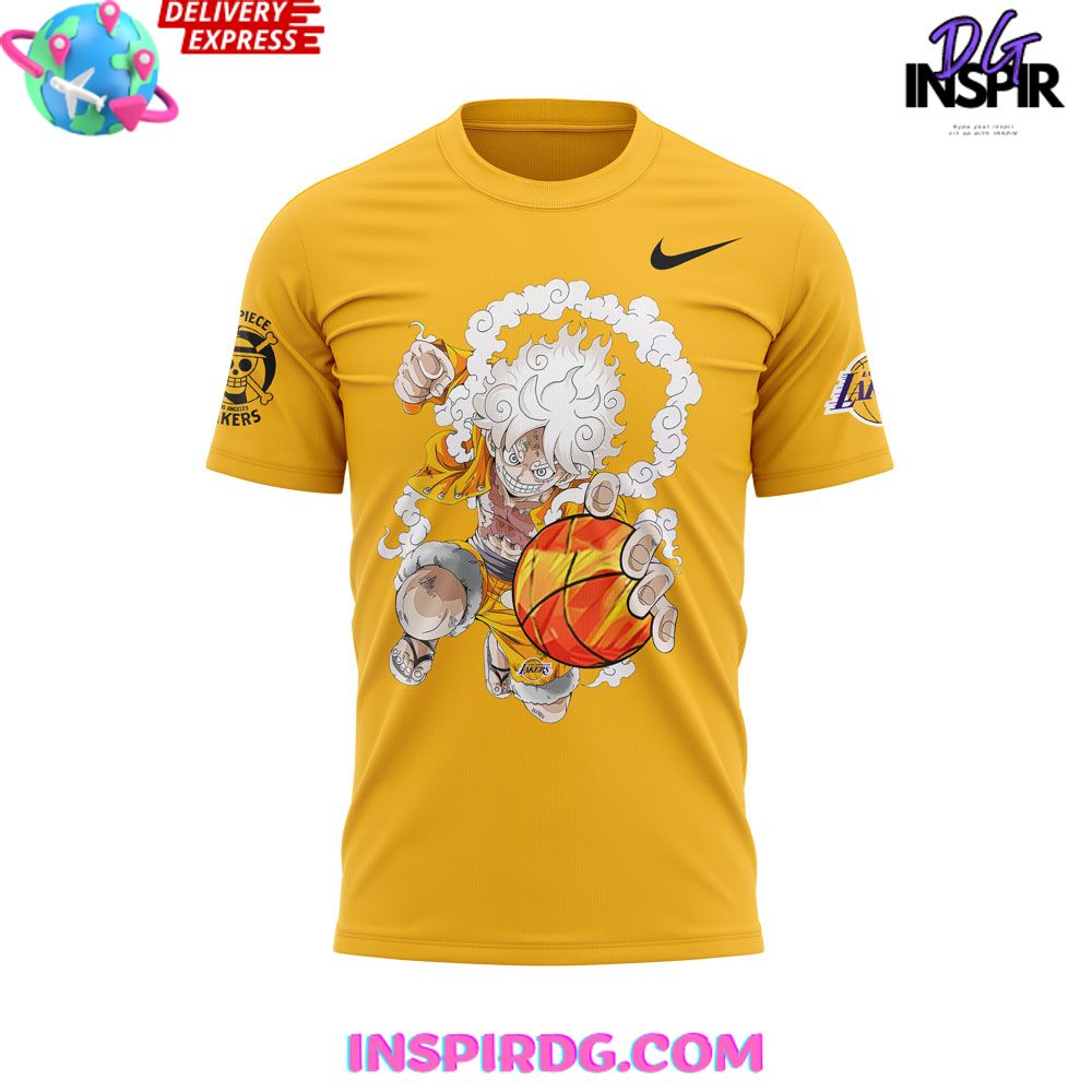 Los Angeles Lakers X One Piece Gear 5 Yellow T-Shirt - Image 2